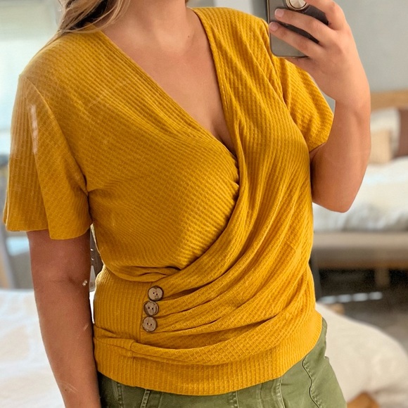 Mustard faux wrap waffle blouse with buttons - Picture 9 of 9